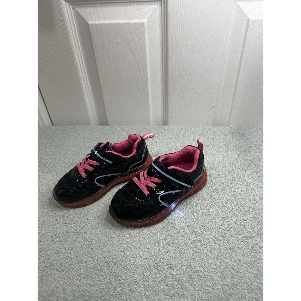 Girls Light-Up Sneakers Black Pink Glitter Sole Hook & Loop Size 9 Toddler